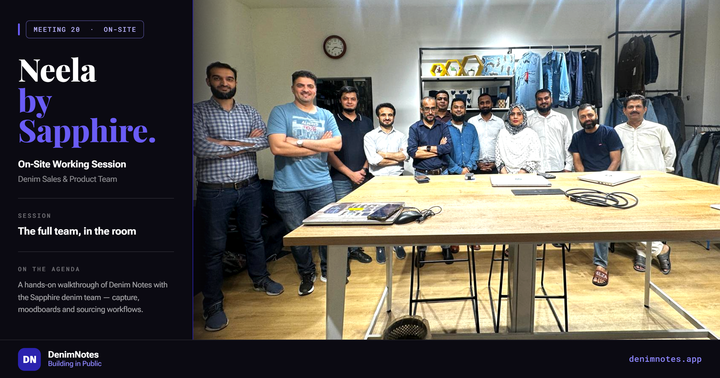 DenimNotes Meeting 20 on-site working session with Neela by Sapphire — full Denim Sales and Product team, first leg complete