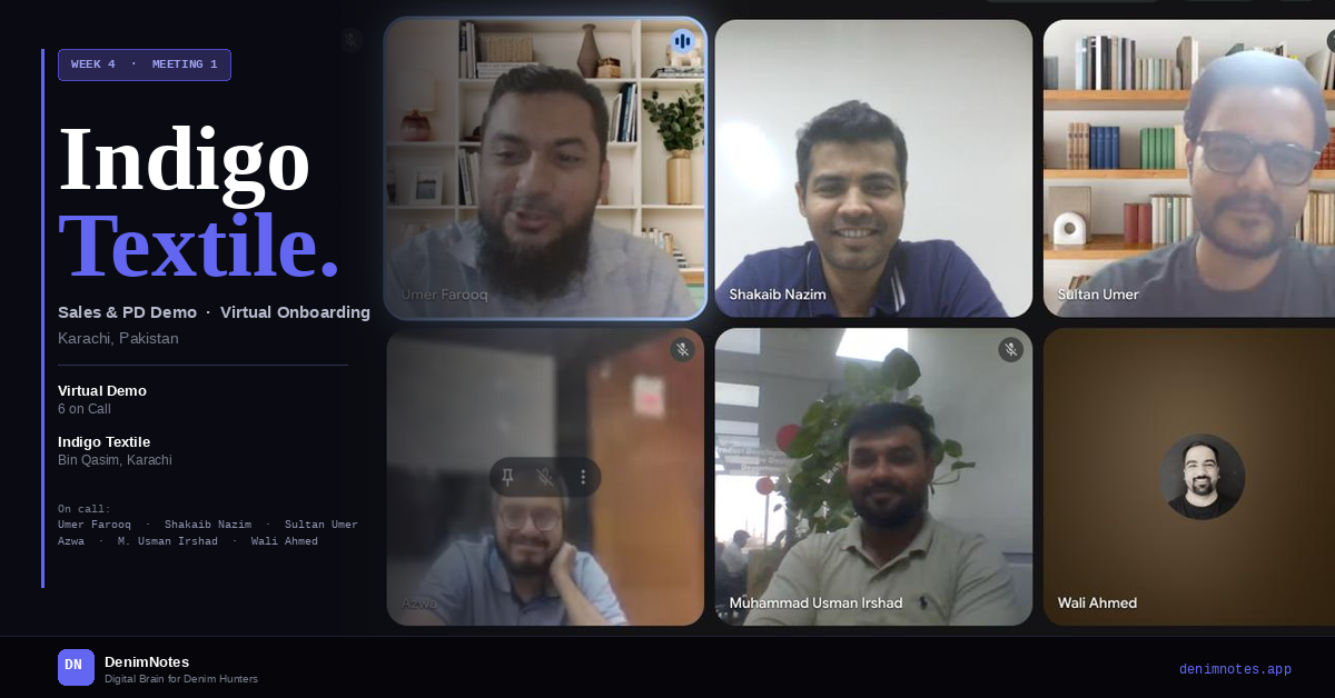 DenimNotes Week 4 Meeting 1 with Indigo Textile team — Shakaib Nazim, Sultan Umar, Usman Rajput