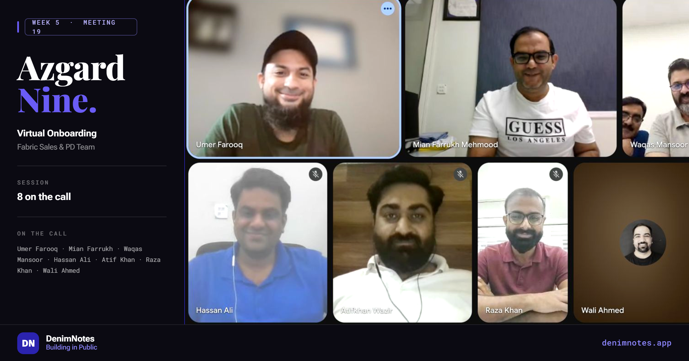 DenimNotes Week 5 Meeting 1 with Azgard 9 — Mian Farrukh Mehmood, Waqas Mansoor, Hassan, Atif, Raza from PD and Fabric Sales